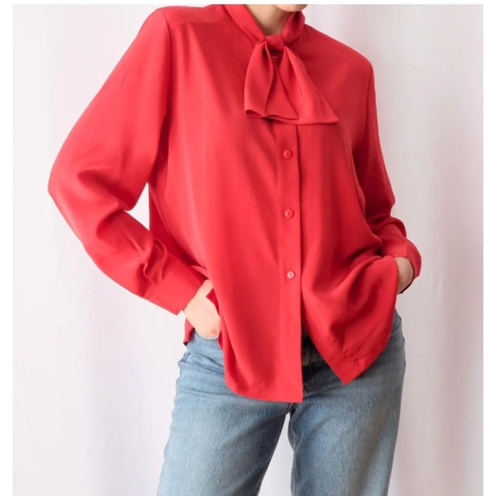 Vintage Silk Tie Neck Blouse Griff Made in Italy 100% Silk Orange Button Top, L